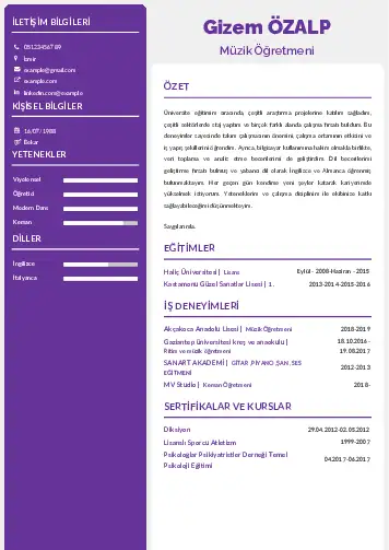Müzik Öğretmeni Cv Örnekleri cv indir